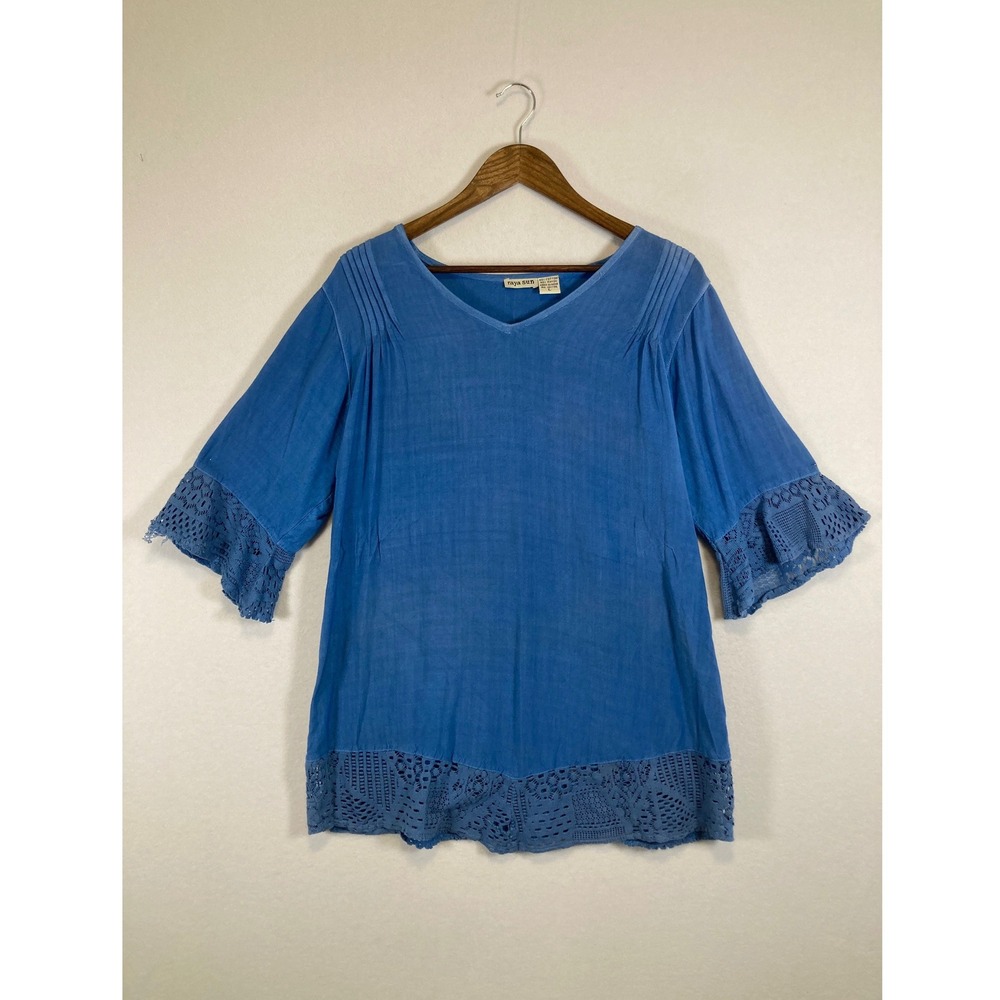 Breathable Hippie Raya Sun Women Large Blue Crochet Lace Trim Pintuck Tunic Top